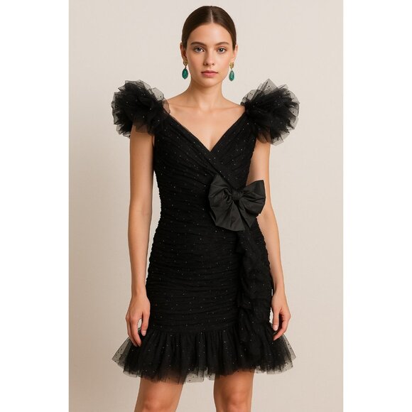 Vintage 80s  Mullany Black Tulle Glitter Party Dress | US 6 | Ruffled Cocktail M - Picture 1 of 10